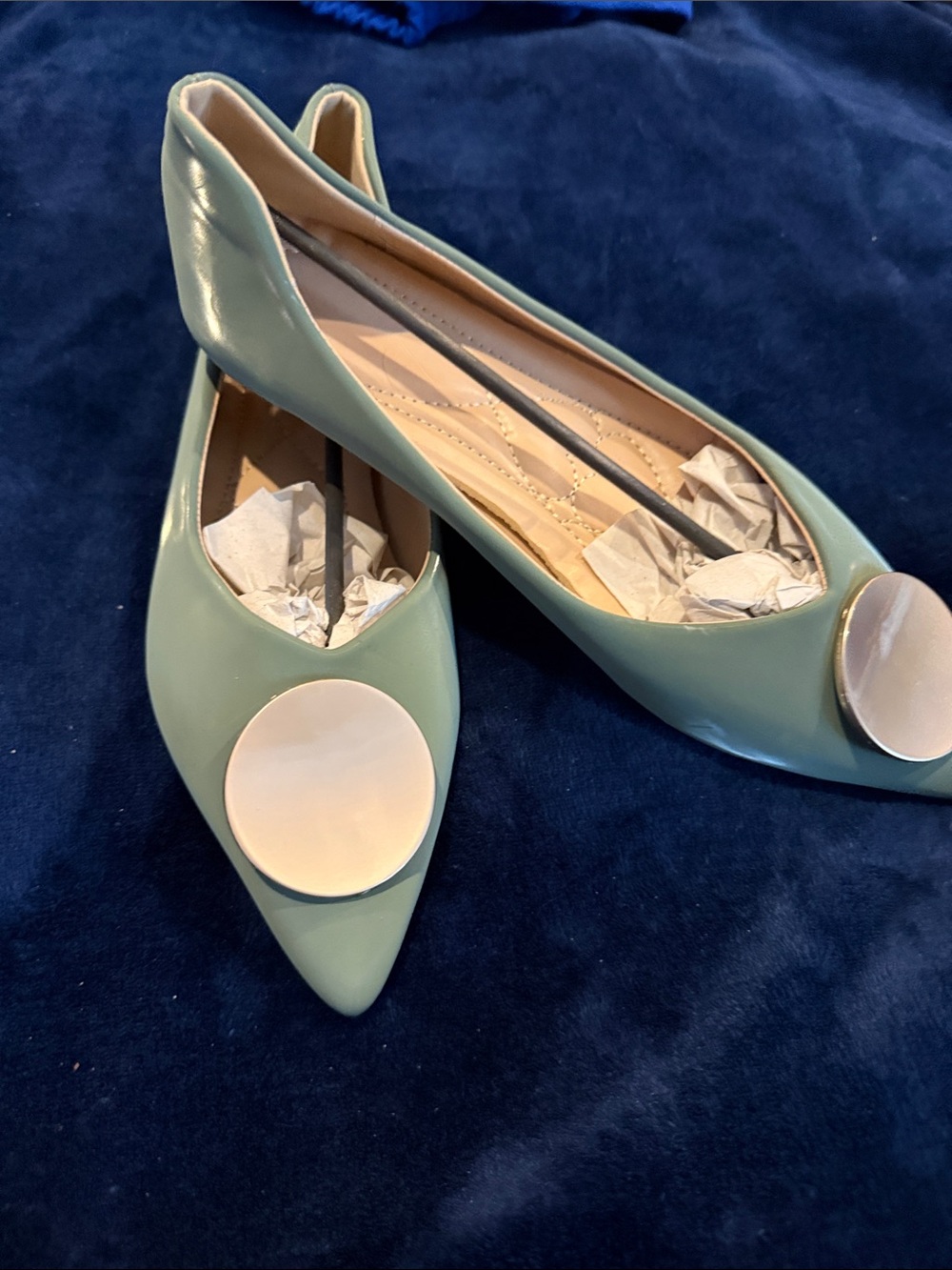 Pointed Toe sage Green Women’s Flats with Circular flat gold Accent NWOB Size9.5